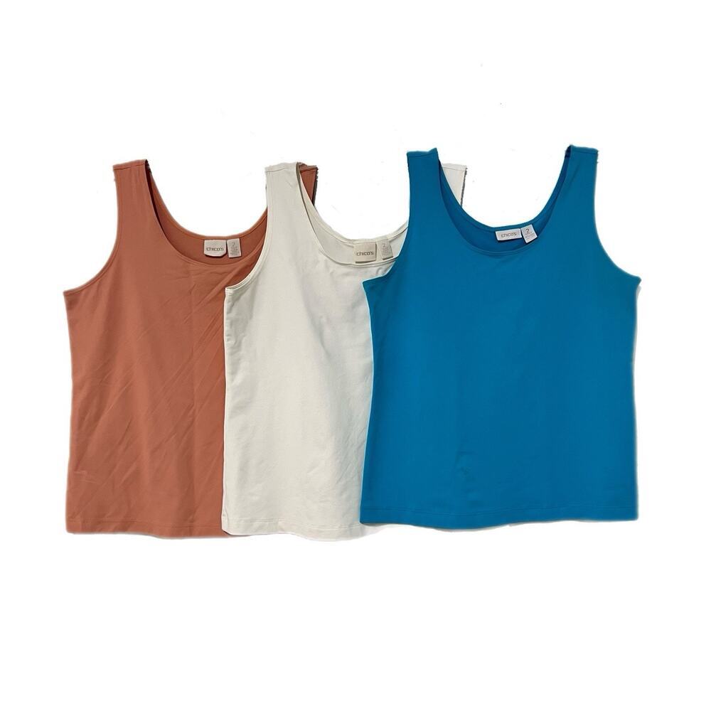 Lot Of Three Chico's Tank Tops Size 2 US L Blue Ivory Peach Scoop Neck Stretch